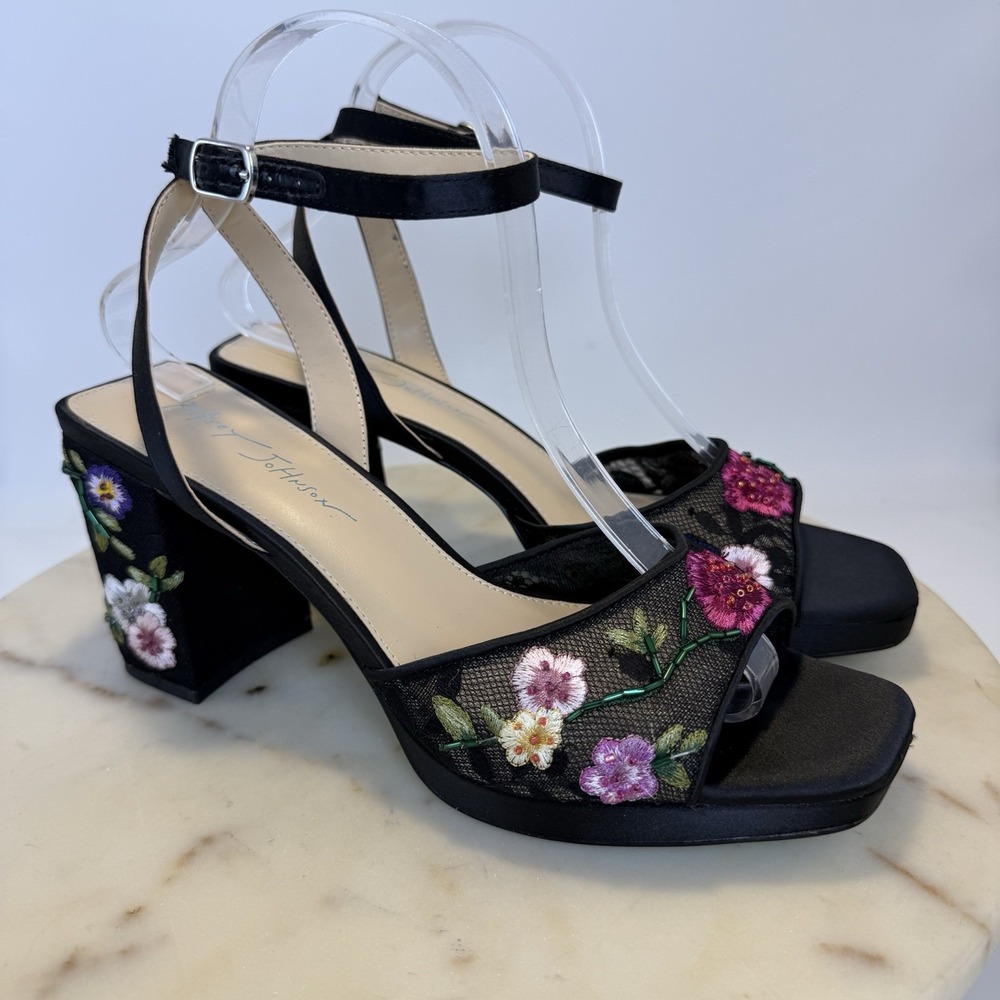 Betsey Johnson Black SB-Kenni Womens Embroidered Beaded 8.5M Open Toe Slingback